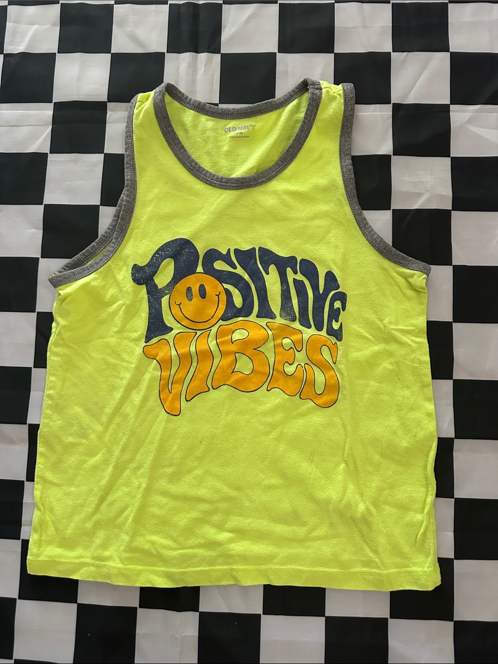 Old Navy Boys Neon Yellow Tank Top with 'Positive Vibes' Graphic M